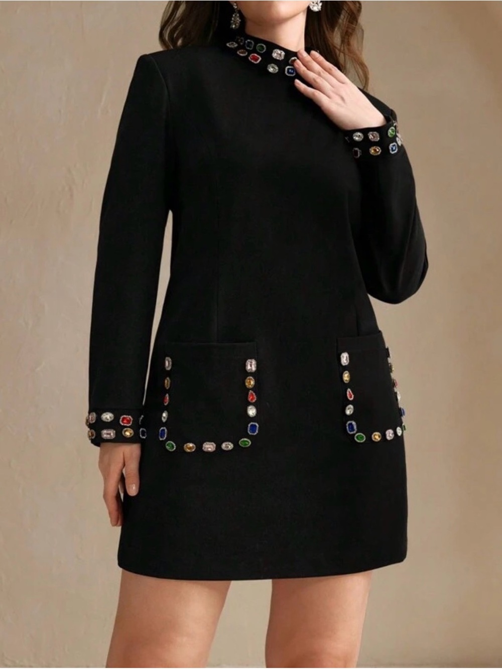 Black Embellished Jewel-Trim Long Sleeve Dress